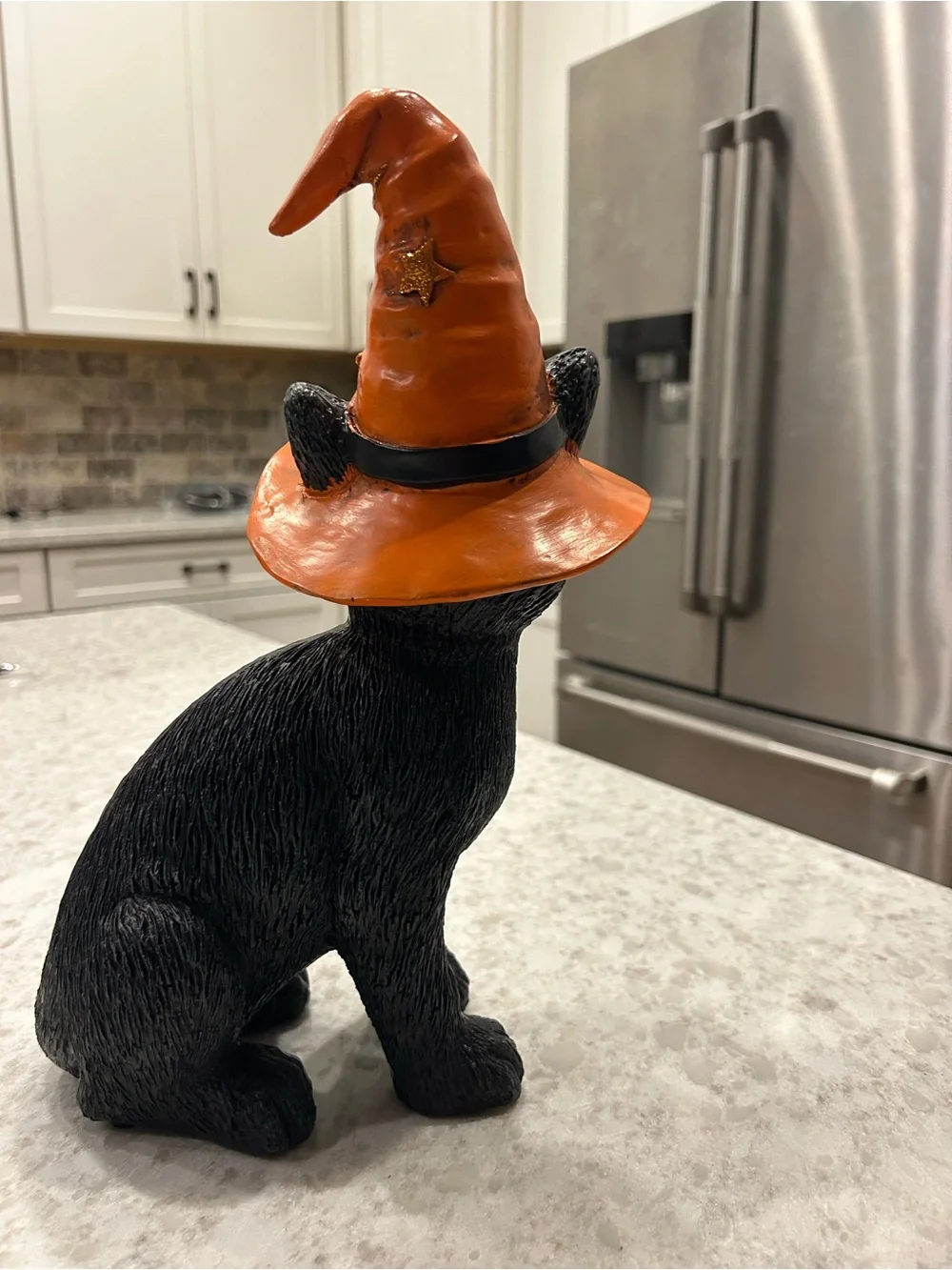 “New” Black Cat Halloween Figurine with Orange Witch Hat